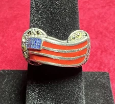 Vintage Sterling Silver 925 American Flag Enamel & Marcasite Ring Size 6.75