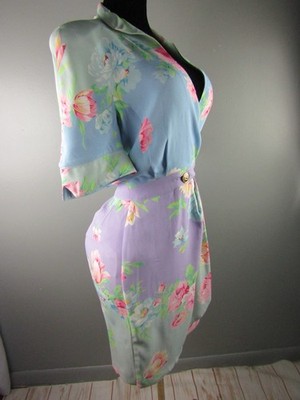 Vtg Renzo Silk Floral Print Wrap Dress Pink Blue Rose Garden Brunch Party Size 8