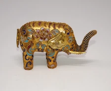 Cloisonné Lucky Asian Elephant Figurine Vibrant Floral Design Brass Enamel