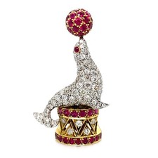 Tiffany & Co. Vintage 18k Gold/Platinum Diamond Ruby Seal Brooch Historical!