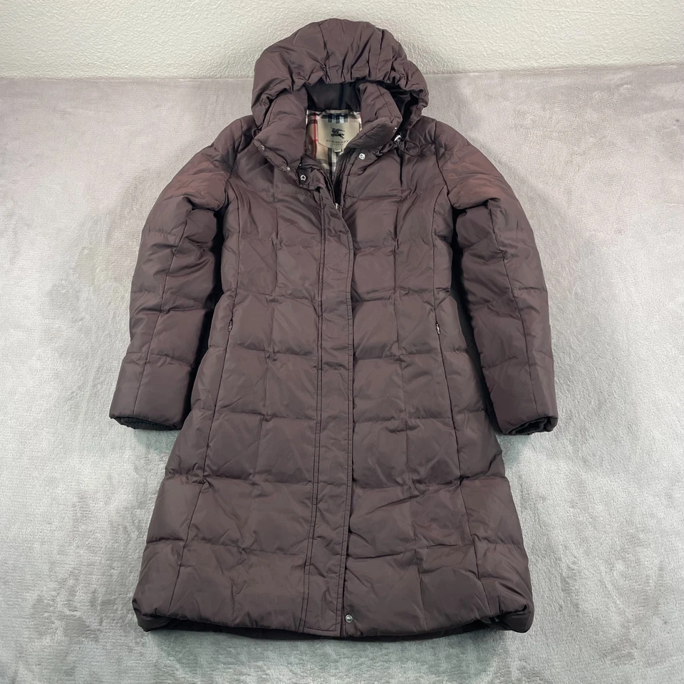 Chaqueta acolchada parka plumón de ganso Burberry London XS marrón a cuadros Nova con capucha $1295 Foto 2 de 4