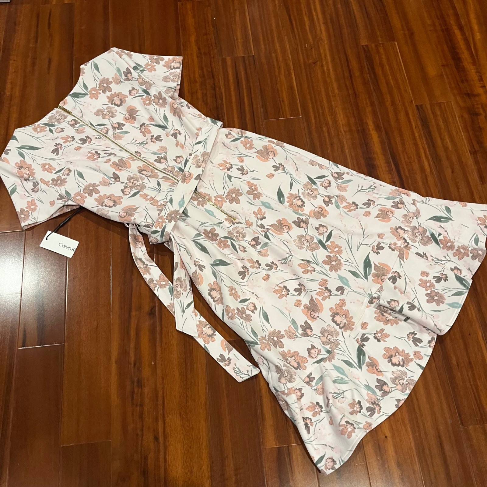 Calvin Klein Floral Dress Midi Belt Blush Light Pink Multi Shoulder Pad New Sz 4 thumbnail 4