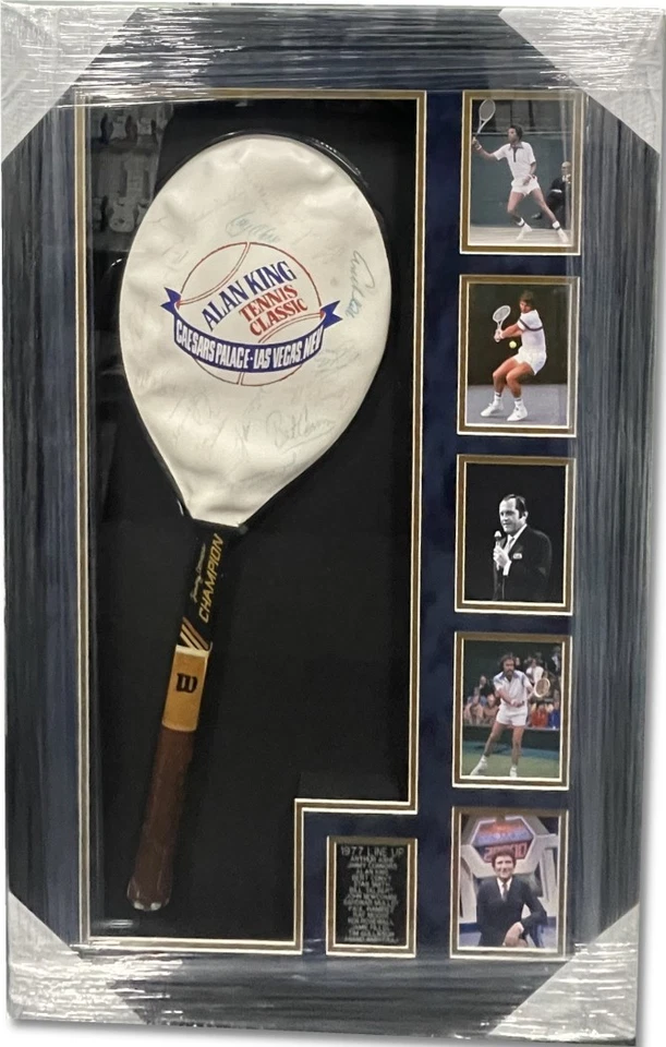 Cubierta de raqueta de tenis autografiada firmada por la alineación 1977 King Newcombe Ashe JSA LOA