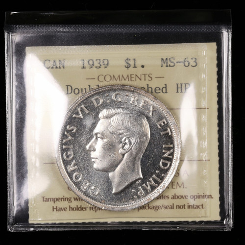 1939 $1 MS63 2xHP Cameo ICCS Graded Canada Silver Dollar Double Punched HP