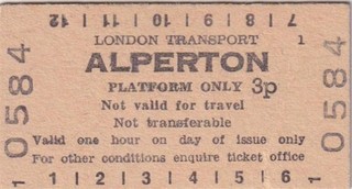 London Underground Railway PLATFORM Ticket ALPERTON 0584
