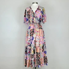 Indigo Rose Dress S Patchwork Boho Hippie Floral Polka Dot Tiered Button Midi