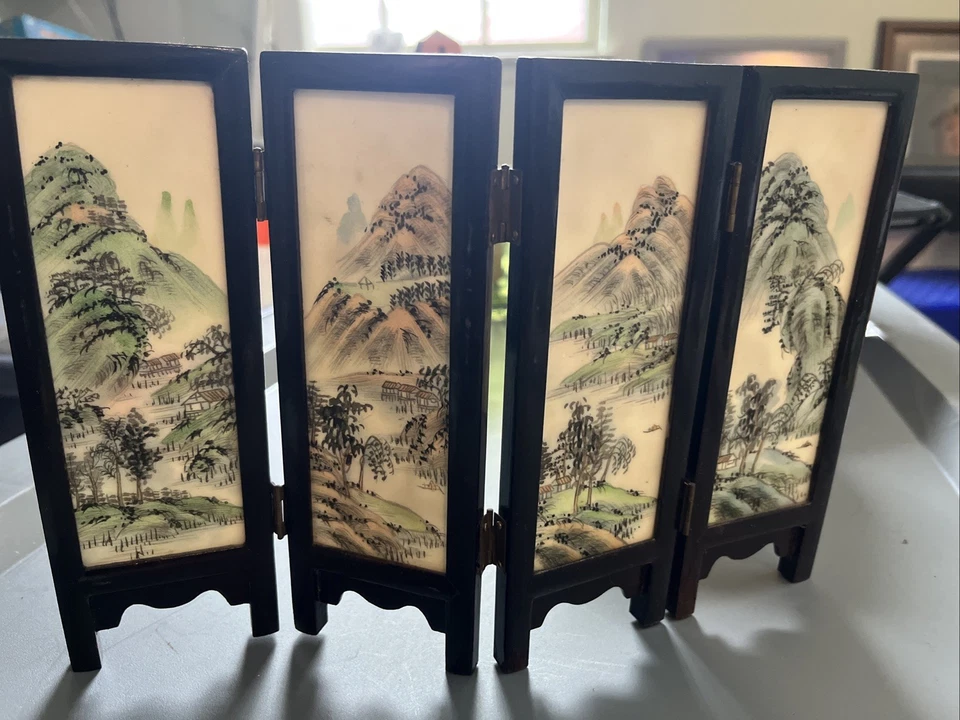 Vintage Miniature Chinese Folding Dressing Screen - Birds & Landscapes - Image 2 of 4