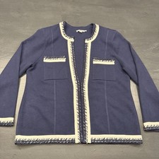 Chico  s Sz 2 Contrast Trim Lady Jacket Navy Blue Cardigan Sweater US Sz Large