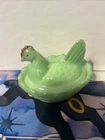 Vintage Westmoreland Mini Milk Glass Hen On Nest Green over White 2.5" Nesting