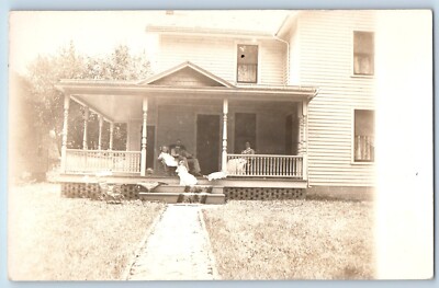 Family Postcard RPPC Photo House In The Porch Large Doll c1910s Unposted Antique