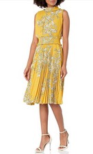 Nanette Lepore Floral Yellow Sleeveless Mock Neck Pleated Fit & Flare Dress 6