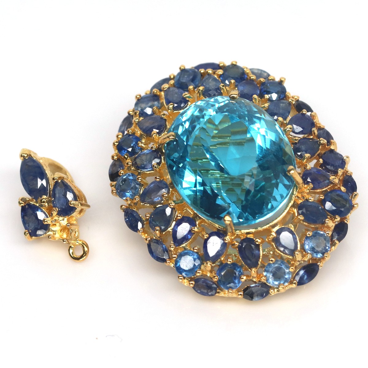 Natural 22 X 26 mm. Swiss Blue Topaz & Blue Sapphire Brooch 925