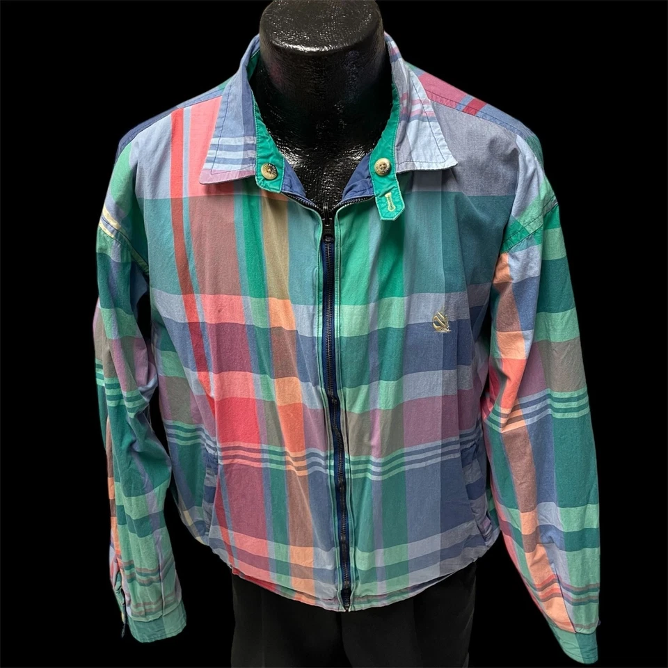 Chaqueta de Vela De Colección Años 80 Azul Náutica REVERSIBLE Harrington Bomber ARCO IRIS CUADROS Foto 2 de 4