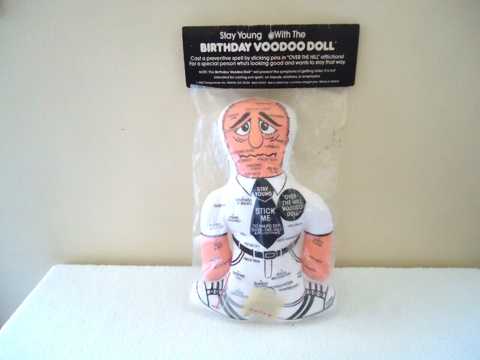 A deadstock 1987 Birthday Voodoo Doll — still sealed, genuinely vintage, and the kind of gag gift that gets everyone at the party talking.