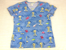 Tweety Bird Womens Scrub Top M Logo All Over Print Short Sleeve Looney Tunes