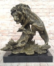 Art Deco Bronze Sculpture African Cougar Mountain Lion w/ Cub Statue Figurine NR