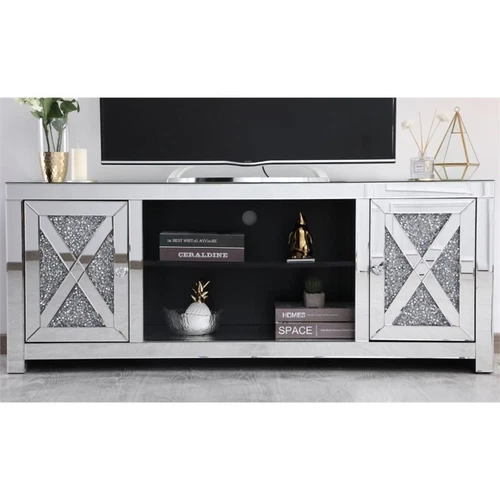 Elegant Decor Modern 2 Door 59" Clear Silver Crystal Mirrored TV Stand - Picture 9 of 11
