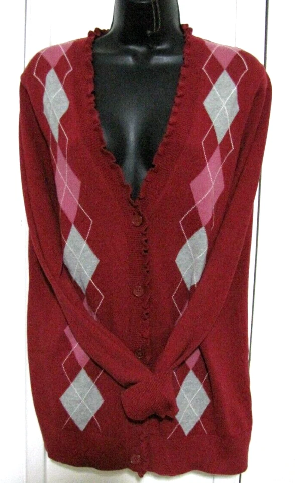 Cárdigan Van Heusen Rojo Argyle Botón 100% Algodón Manga Larga Volantes-Detalle Wm. M Foto 3 de 4