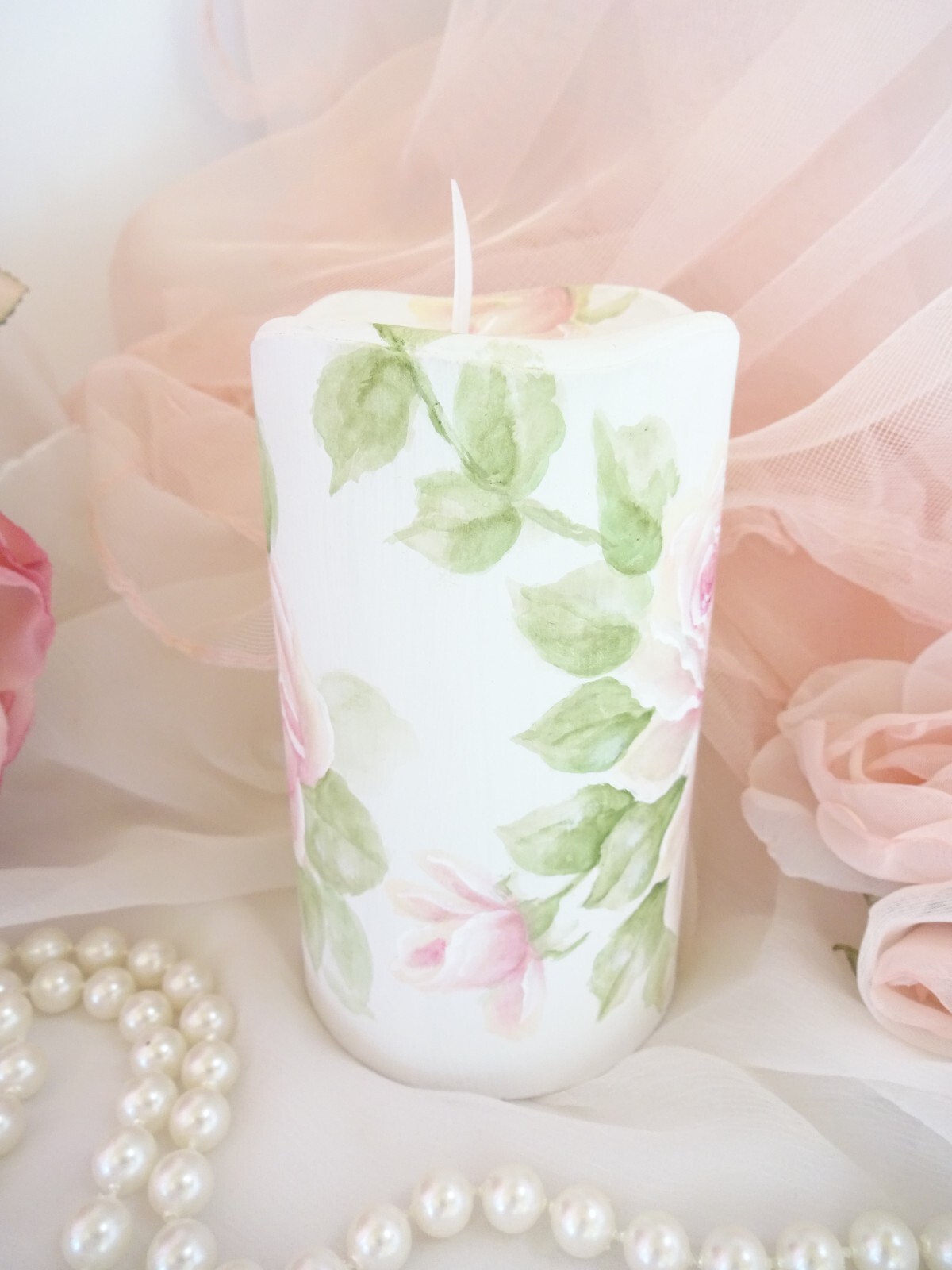PINK ROSES BO TIMER PILLAR CANDLE Hand Painted DAS hp chic shabby ...