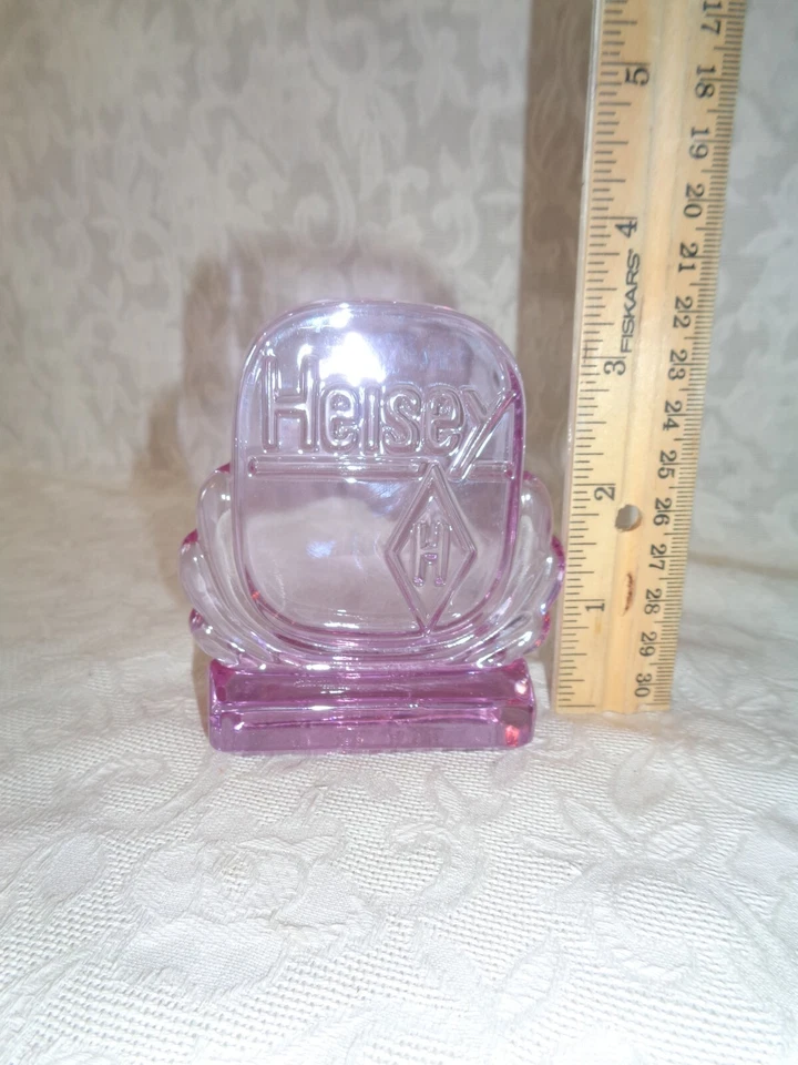 Letrero de exhibición de mostrador de publicidad de coleccionista de vidrio Heisey rosa/fushia Foto 3 de 4