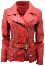 Ladies Casual Vintage Red Long Feminine Nappa Leather Biker Jacket
