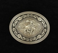 Nocona Silver Buckle Oval Rope Edge Vintage Saddle Bronc Motif