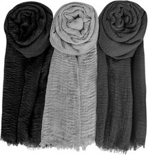 Summer Cotton Blend Crinkle Vintage Soft Scarf with Black/Gray/Dark Gray