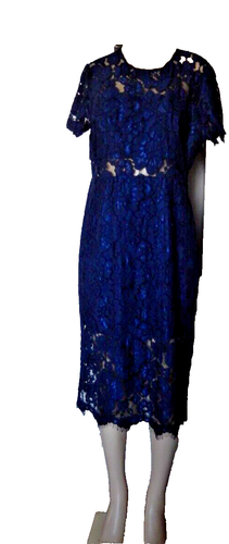 NSR NWOT Women's XL Navy Blue Lace Short Sleeve Keyhole Back Sheath Midi Dress - Picture 2 of 8
