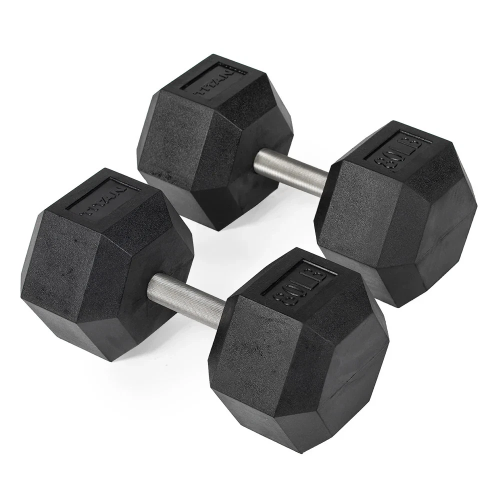 Titan Fitness 80 LB Pair Free Weights, Black Rubber Coated Hex Dumbbell, Straigh
Opens in a new wind