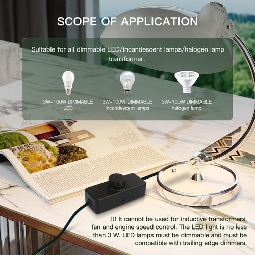 LED Dimmer, 230V Schnurdimmer, Phasenabschnitt, 3-100W, Schwarz - Bild 9 von 11