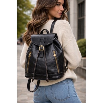 Borse in Pelle Leather Backpack Italy Black Vintage Drawstring Buckle Bag