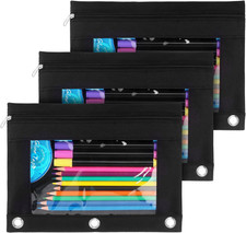 3 Ring Binder Pencil Pouch, Clear Window Pencil Case, Black, 3 Pack