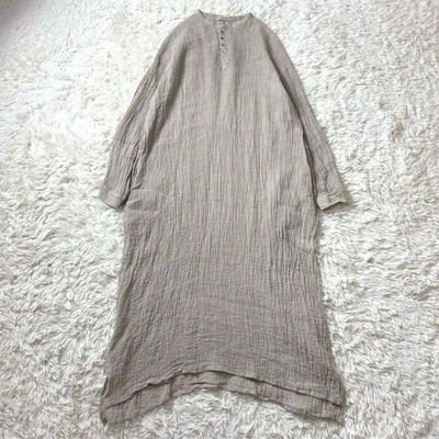 ICHI Antiquites Linen Voile Maxi Dress Beige Long Sleeve Crew Neck Made in Japan