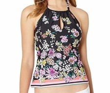Kenneth Cole Reaction Women's Black Floral Halter Tankini Top Swimwear Size S