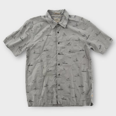 Quiksilver Waterman Shirt Mens Small Gray Boat Print Comfort Fit Casual Beach