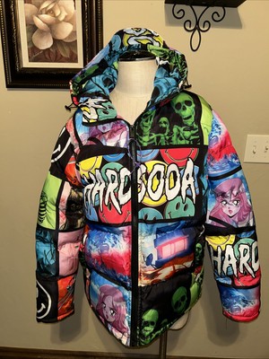 HARD SODA Puffer Jacket Anime Multicolor Zip Front Hooded Womens Lg EUC (MC)