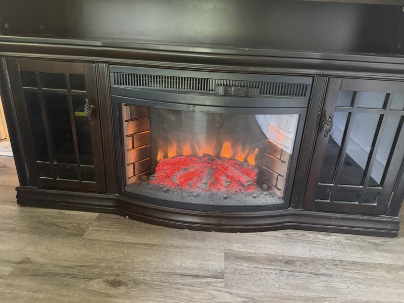 Electric Fireplace TV Stand Media Console Black Glass Doors Simulated Flame