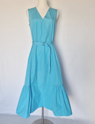 Akris Punto Blue Cotton Poplin V-Neck Belted Midi Dress Sleeveless Pocket Size 8