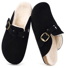 Womens Fur Lined Suede Clogs Mens Fuzzy Leather Mules 11 Women/10 Men Black