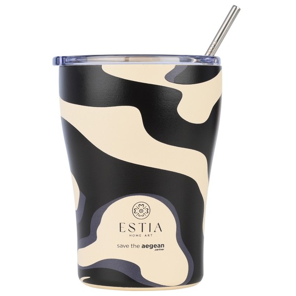 Isolierbecher Thermobecher Trinkbecher Mit Strohhalm 350 Ml Schwarz Beige Modern-image