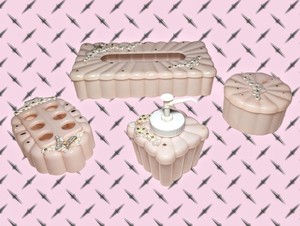 60'S MENDA Vintage Vanity Set Pink Rhinestones BUTTERFLIES Floral Powder Tissue