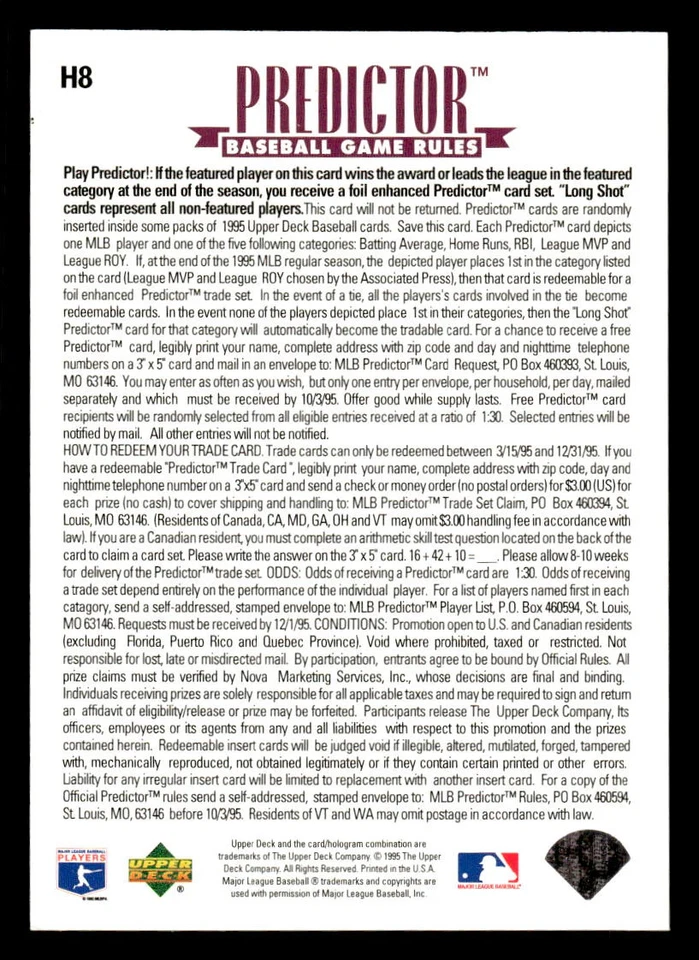 1995 UPPER DECK MIKE PIAZZA H8 PREDICTORS AWARD WINNERS LOS ANGELES DODGERS - Image 2 of 2