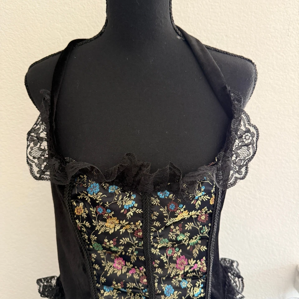 Underwraps Black Velvet Floral Corset Halter Dress L Gothic Glam Romantic Punk - Image 3 of 4