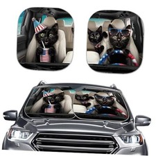 Windshield Sun Shade Funny Black Cat Car Shade Front Black Cat American Flag