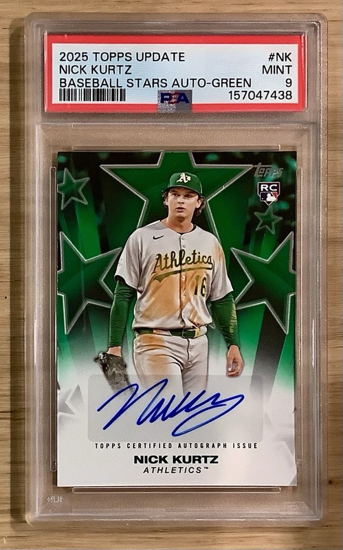 Nick Kurtz 2025 Topps Update Baseball Stars Green Parallel /99 Auto RC PSA 9