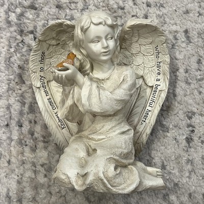 Cast Resin 7  Heavenly Winged Kindness Verse Kneeling Angel Bird in Hand Figure