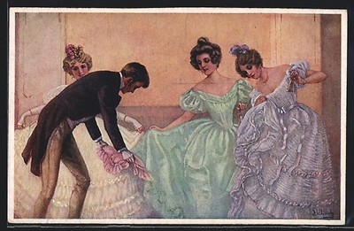 Artist postcard Fritzi Ulreich: stooping down gentleman with three noble ladies 