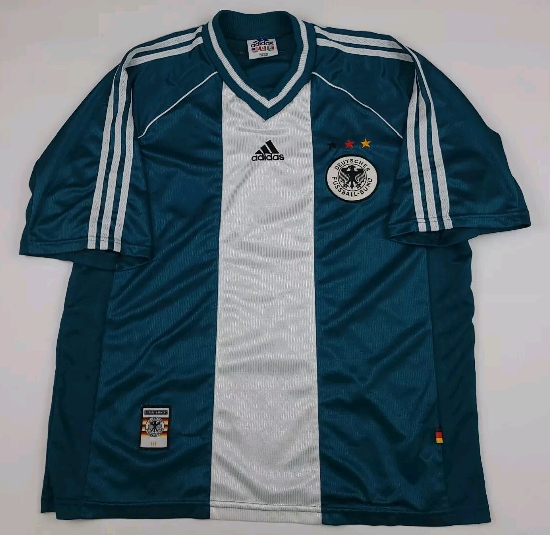 Vintage Adidas Germany Soccer Jersey Rare Striped Teal 90s Sport Football Sz XL 