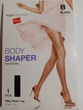 1 pair Hanes Body Shaper Pantyhose B Style Essentials Black Silky Sheer Leg