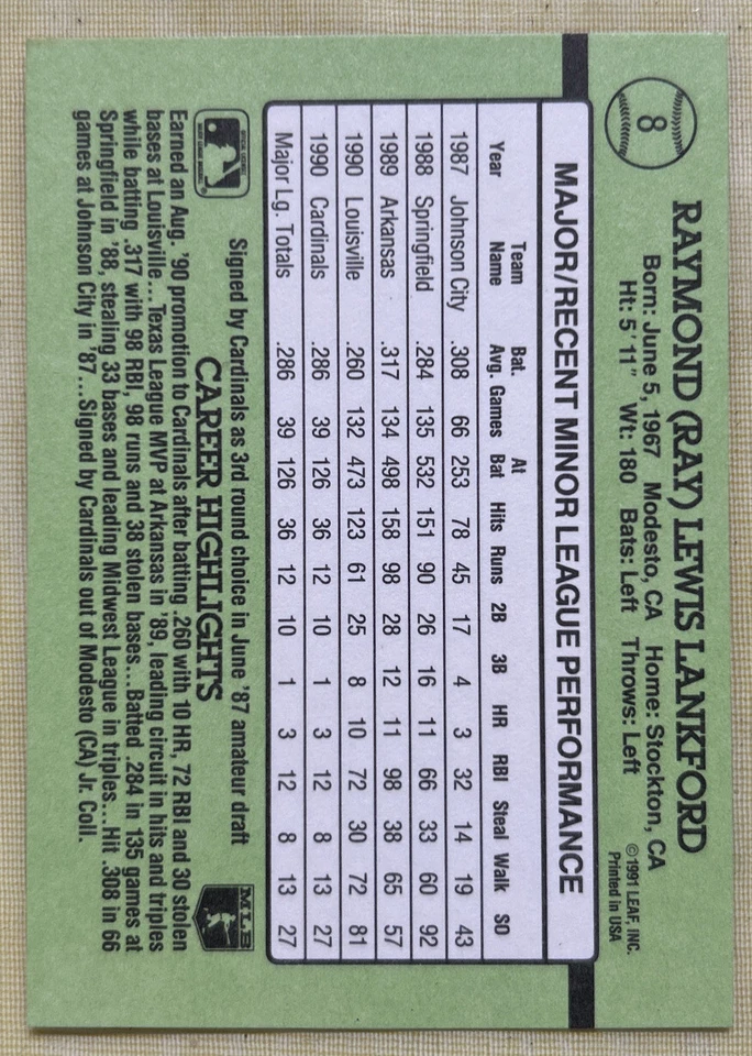 1991 Donruss Rookies Ray Lankford Baseball Card #8 Cardinals CF High-Grade NM - Image 2 of 2